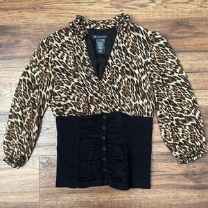 Y2K Silk Leopard Animal Print Ruched Corset Waist Blouse Ruffle Women 8 Coquette